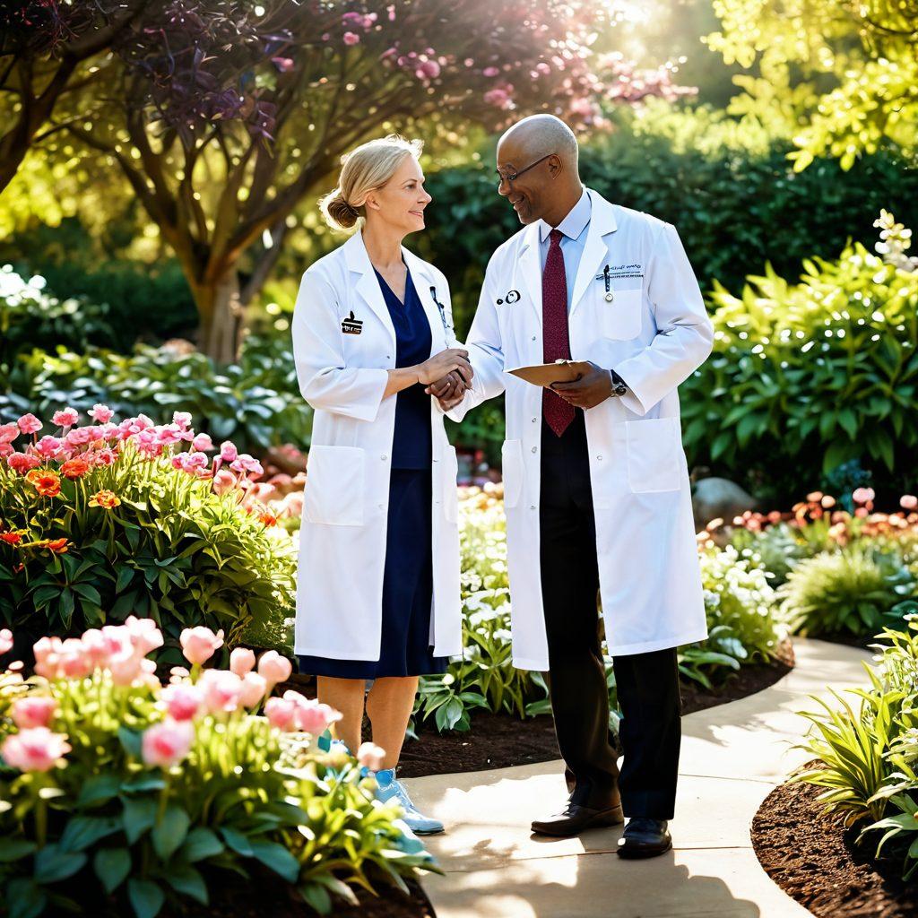 A compassionate oncologist guiding a diverse patient through a serene garden, symbolizing hope and resilience. The scene captures comforting elements such as blooming flowers and soft sunlight, creating an uplifting atmosphere. Include supportive family members in the background, embodying a journey of empowerment. Emphasize warmth and connection. super-realistic. vibrant colors. soft focus.