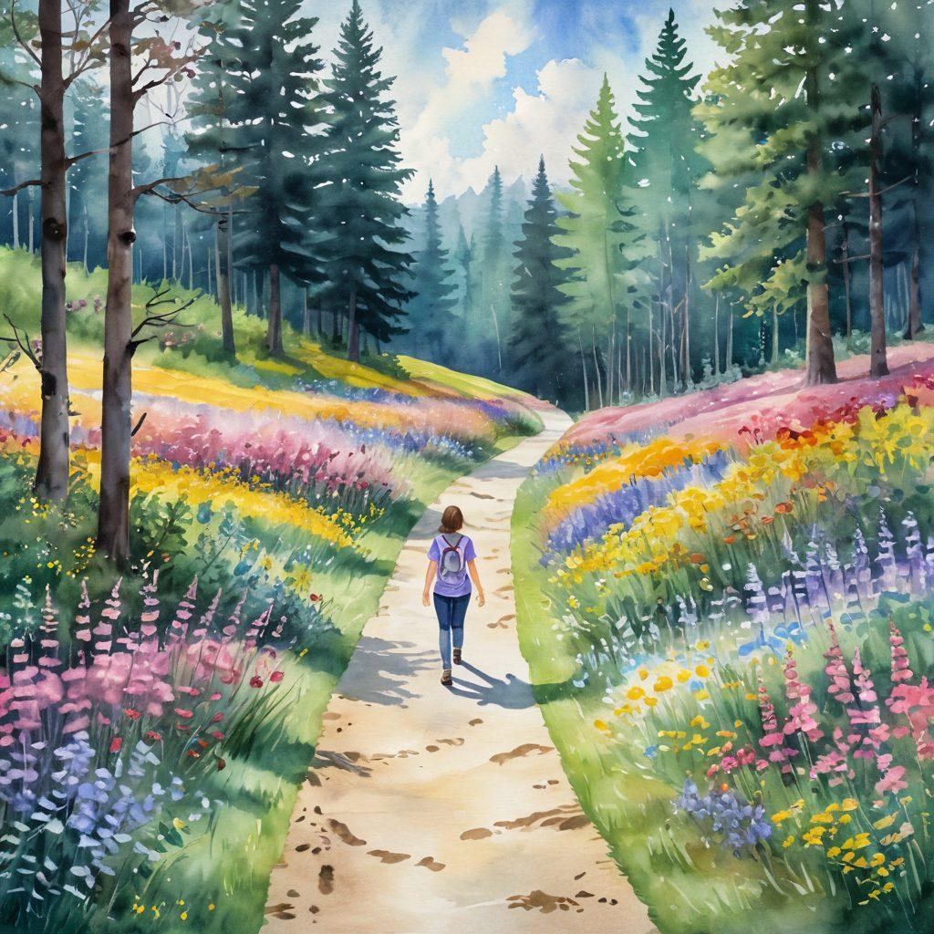 A serene landscape illustrating a path from a dark forest symbolizing diagnosis to a bright sunny field representing survivorship, with vibrant flowers blooming along the path. Include a figure walking with a supportive companion, radiating hope and positivity. Soft pastel colors enhance the uplifting theme. watercolor style.